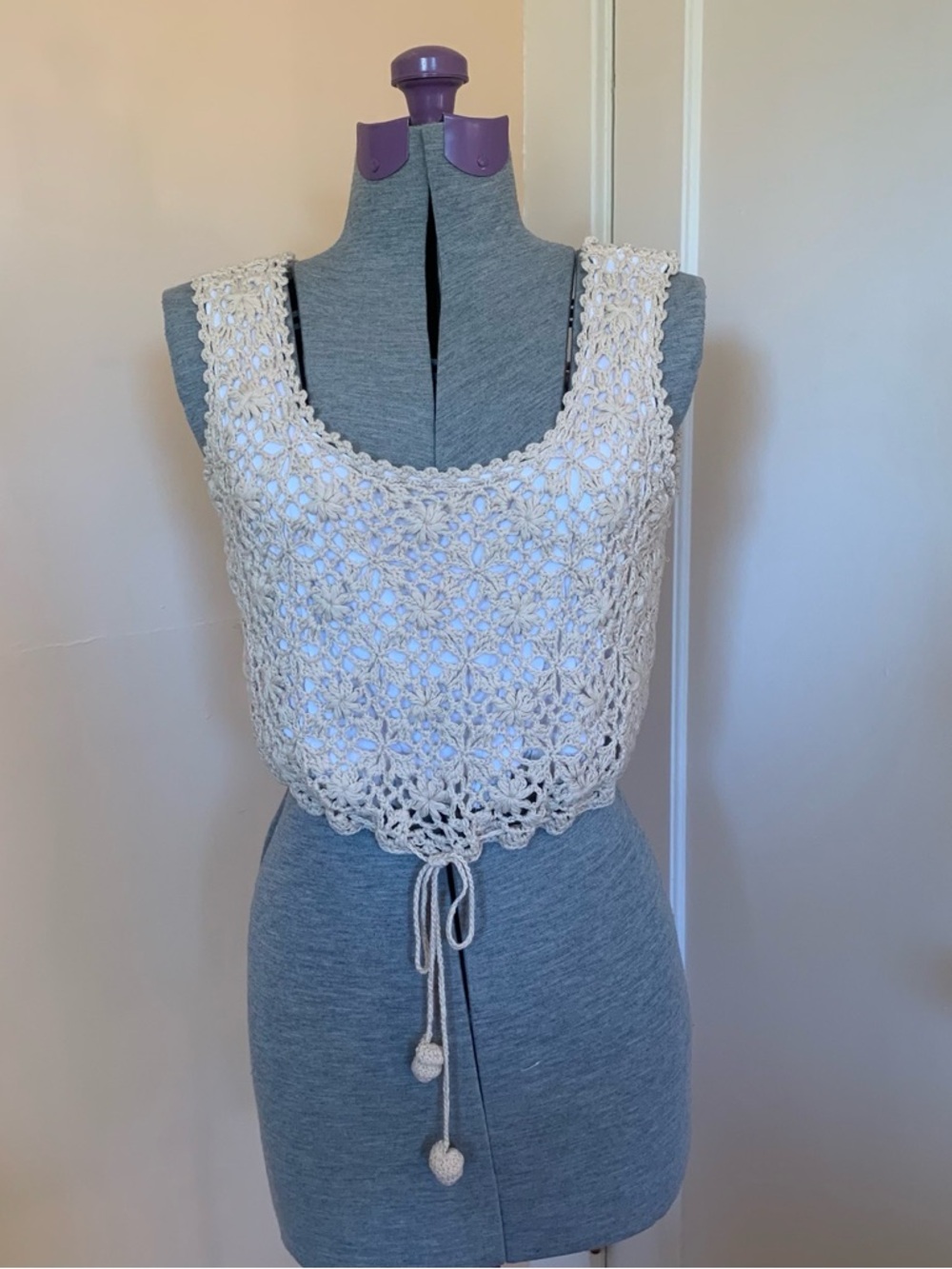 Crochet Crop Top Tie Waist Beige Floral Cotton Lined Festival Summer Cottagecore